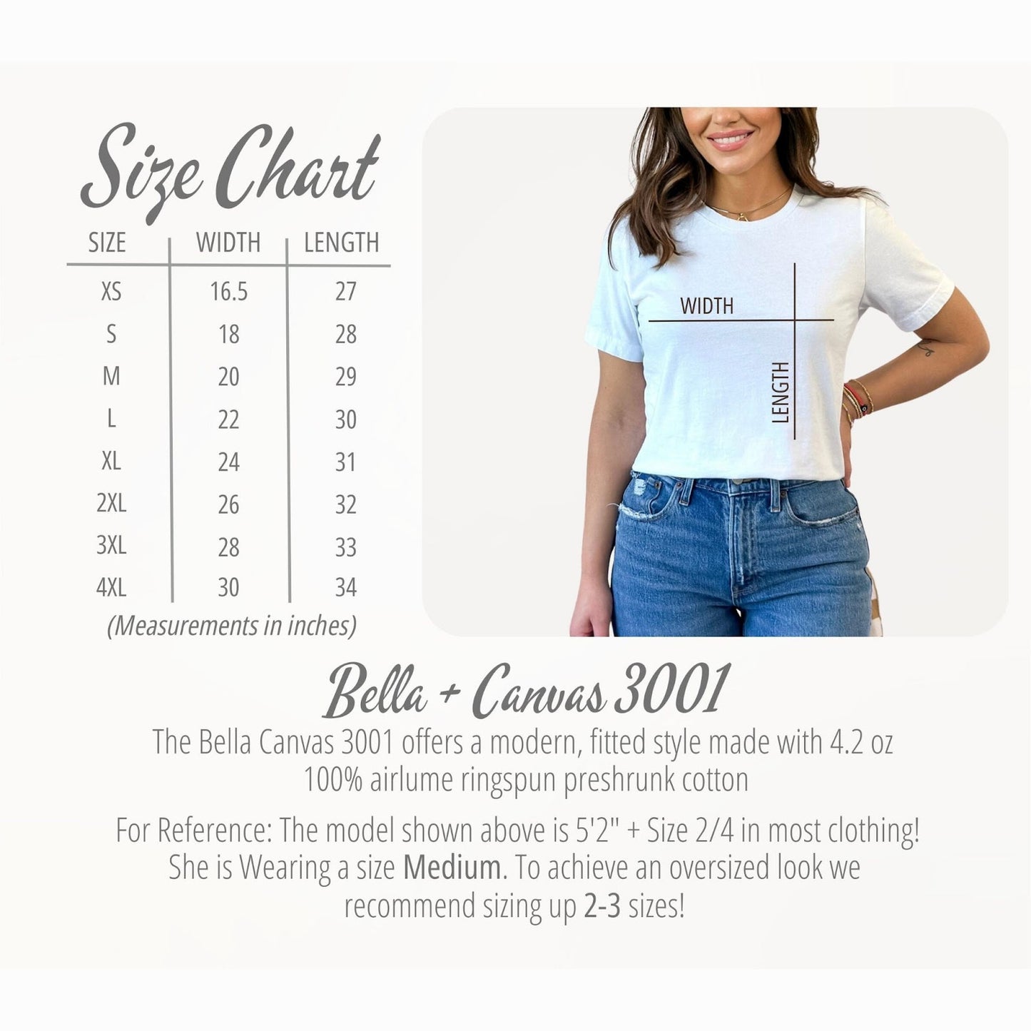 Bella Canvas 3001 size chart showing width and length measurements for sizes XS through 4XL