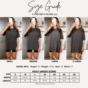 Comfort Colors tee size chart showing measurements for sizes S through 4XL with model reference photos