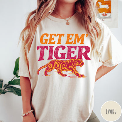 Comfort Colors tee in Ivory featuring vintage style graphic with orange text and a walking tiger illustration