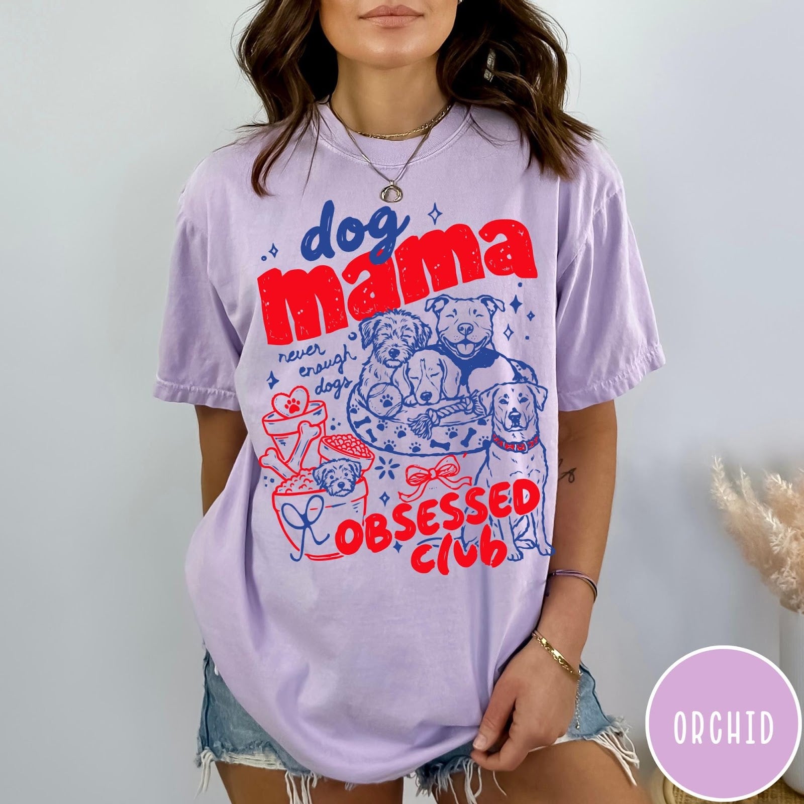 Comfort Colors tee in Orchid featuring dog mom design style with multiple dog breeds and accessories