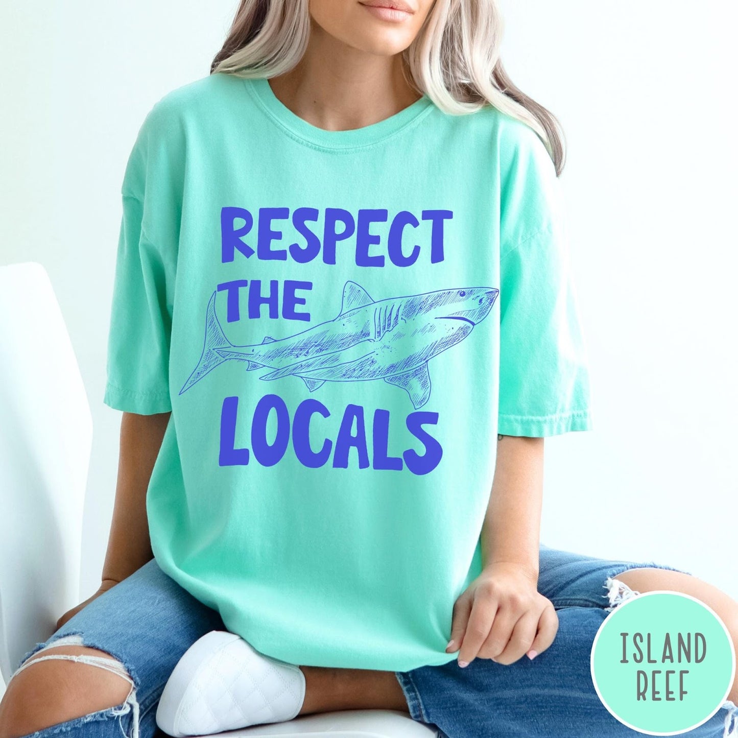Comfort Colors tee in Island Reef featuring sketch style shark graphic with Respect the Locals text design