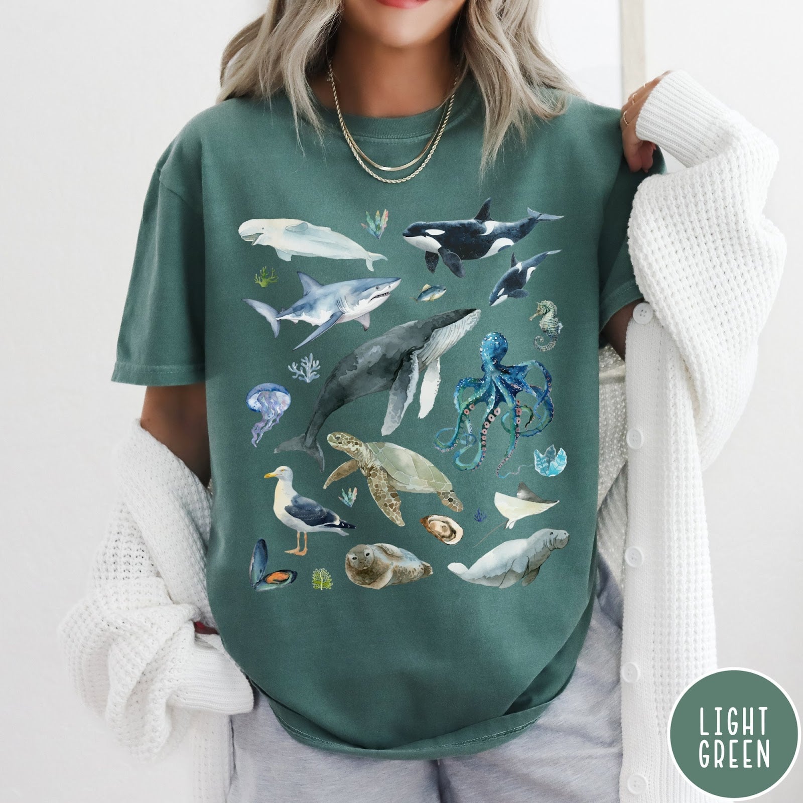 Comfort Colors tee in Light Green featuring watercolor style graphic of various ocean animals including whales and sharks