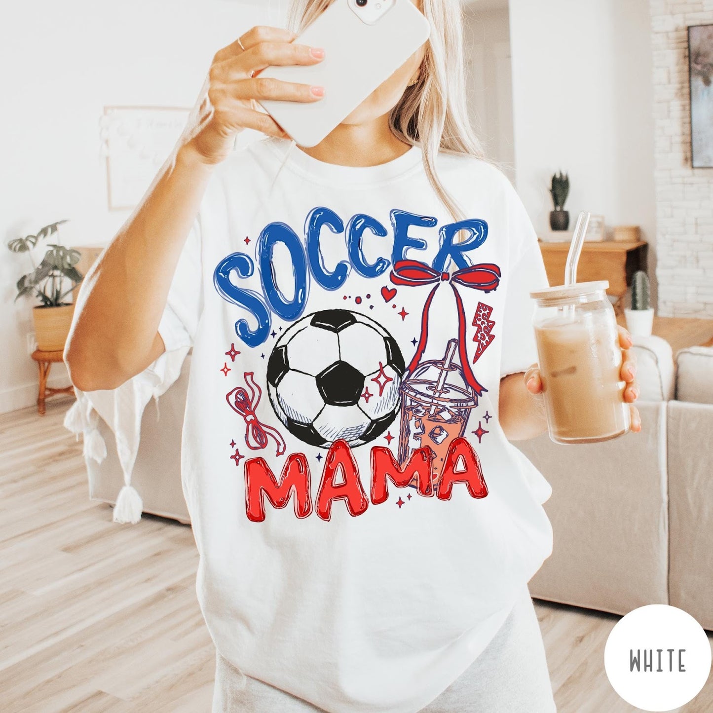 Comfort Colors tee in White featuring soccer design with a soccer ball and iced coffee graphic