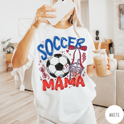 Comfort Colors tee in White featuring soccer design with a soccer ball and iced coffee graphic