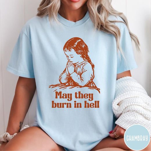 Comfort Colors tee in Chambray featuring vintage style graphic of a child praying with text below