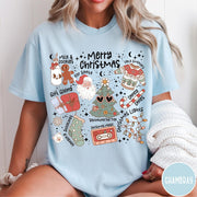 Comfort Colors tee in Chambray featuring retro holiday graphic with Santa, Christmas tree, and festive icons