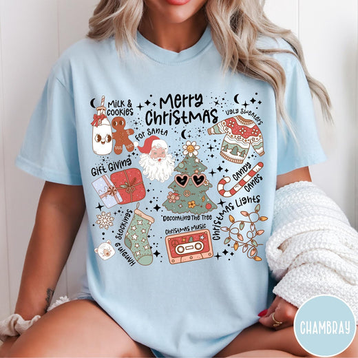 Comfort Colors tee in Chambray featuring retro holiday graphic with Santa, Christmas tree, and festive icons