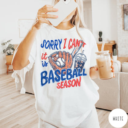 Comfort Colors tee in White featuring baseball graphic with glove, ball, bat, and iced coffee