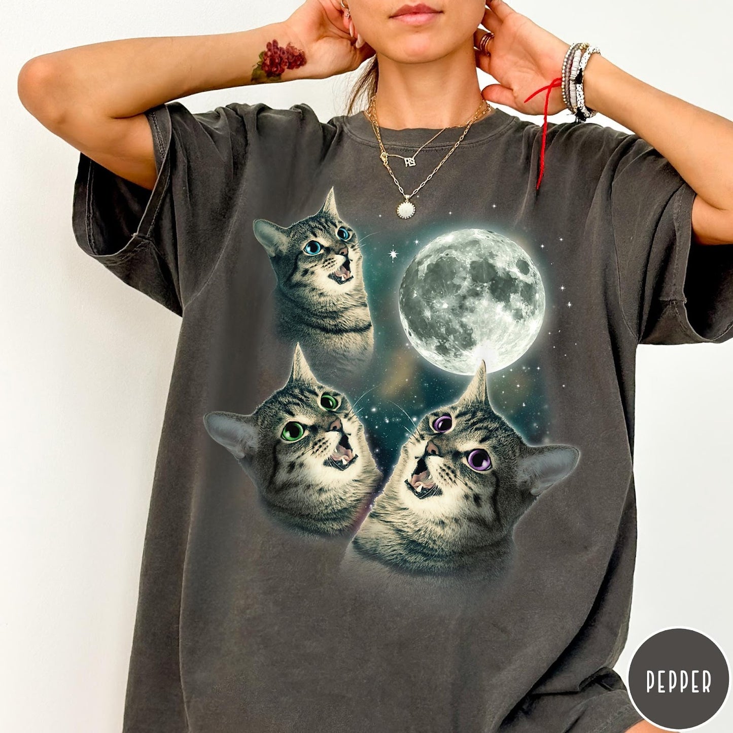 Comfort Colors tee in Pepper featuring retro style graphic of three cats looking up at the moon