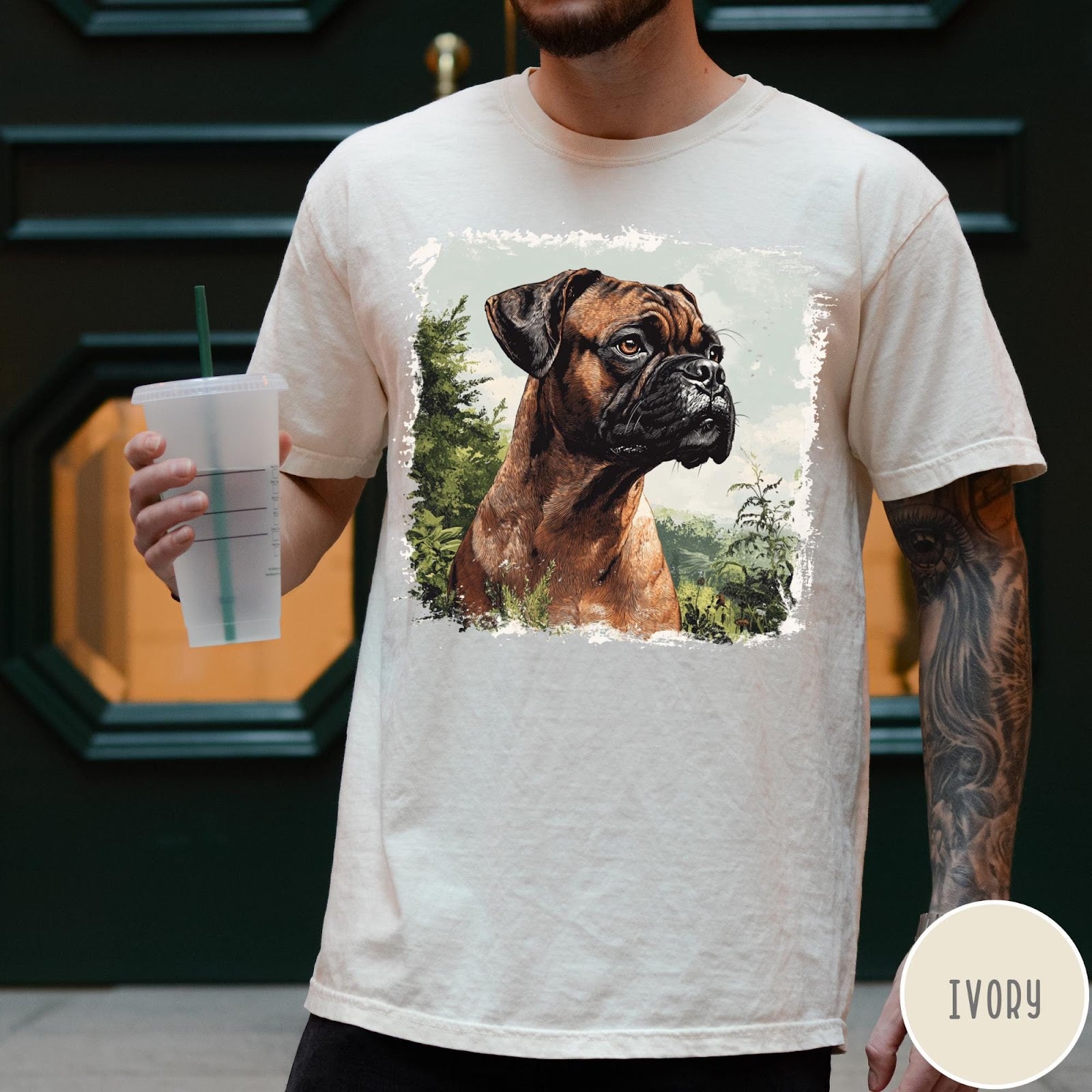 Comfort Colors tee in Ivory featuring vintage style graphic of a detailed Boxer dog portrait