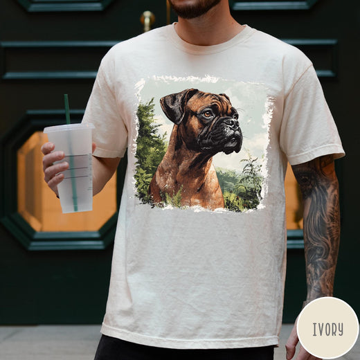 Comfort Colors tee in Ivory featuring vintage style graphic of a detailed Boxer dog portrait