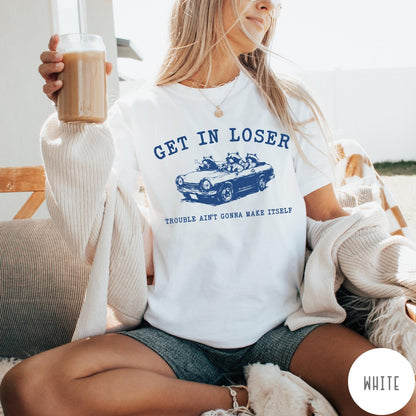 Comfort Colors tee in White featuring vintage style graphic of three raccoons driving a convertible car