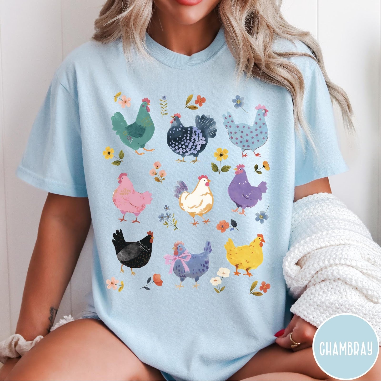 Comfort Colors tee in Chambray featuring vintage style graphic with various colorful chickens and small floral accents
