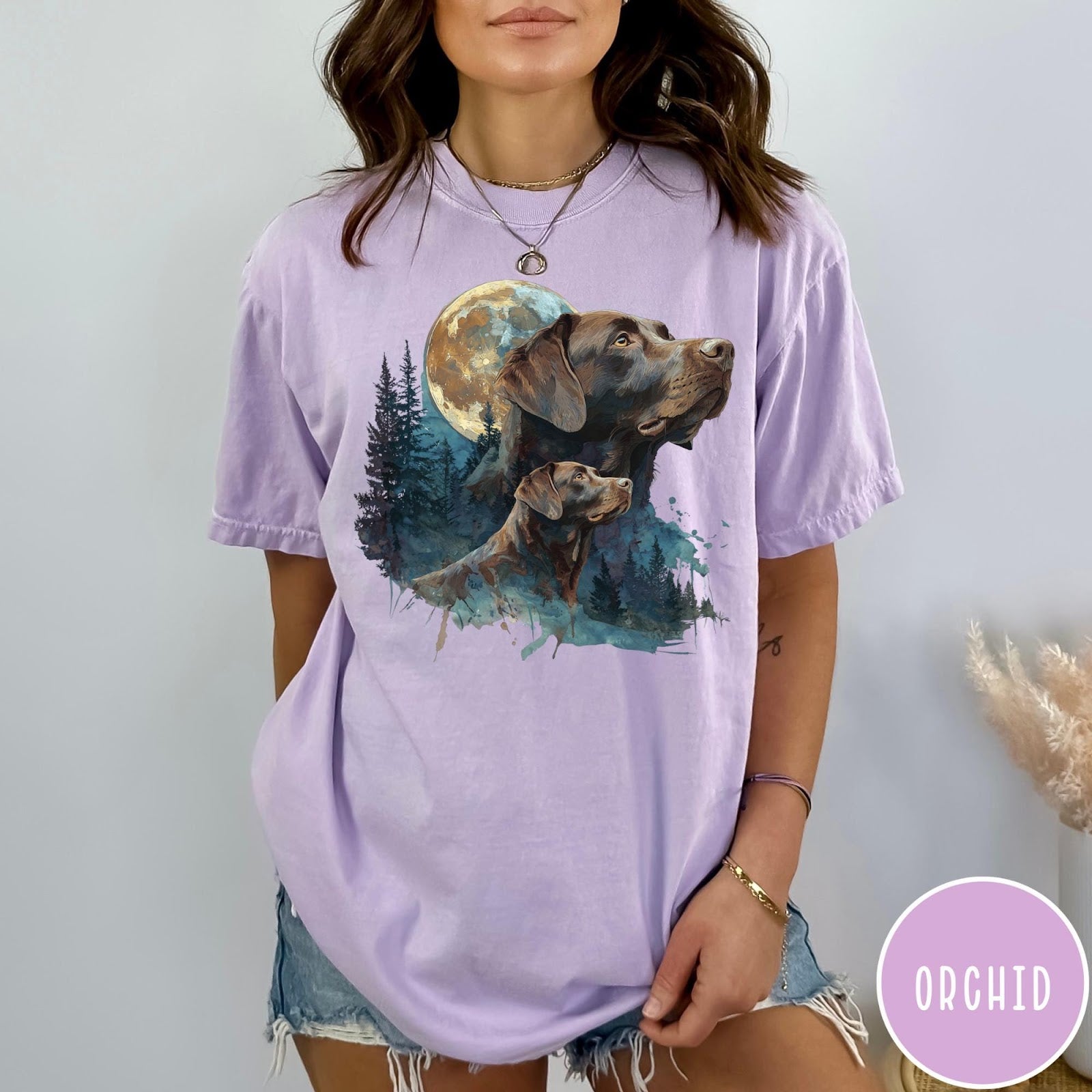 Comfort Colors tee in Orchid featuring vintage style graphic of two Chocolate Labradors under a full moon