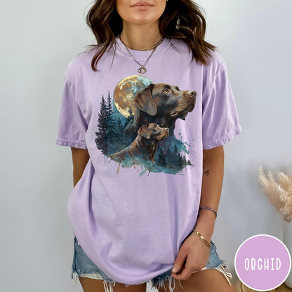 Comfort Colors tee in Orchid featuring vintage style graphic of two Chocolate Labradors under a full moon
