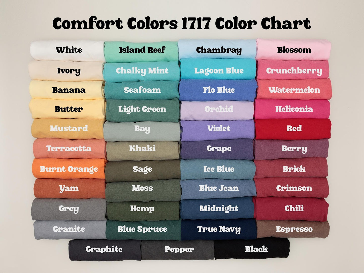 Comfort Colors tee color chart showing many available garment colors labeled by name in a grid layout