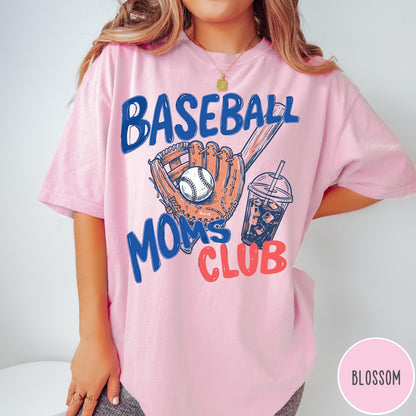 Comfort Colors tee in Blossom featuring baseball mom graphic with glove, ball, bat, and iced coffee