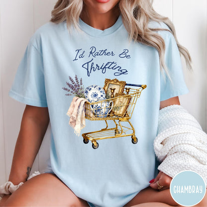 Comfort Colors tee in Chambray featuring vintage style graphic of a shopping cart filled with antique decor items