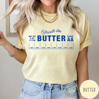 Comfort Colors tee in Butter featuring a graphic design of a butter wrapper with measurements and text.