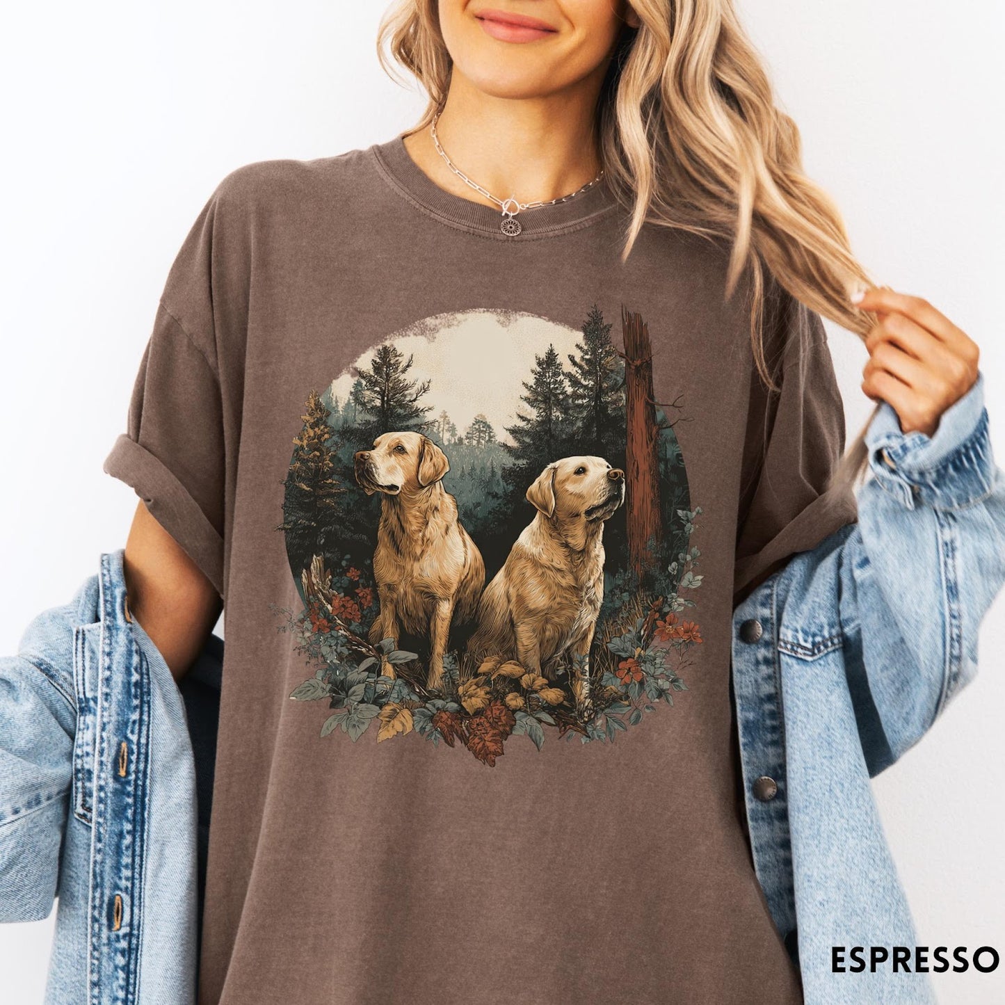Comfort Colors tee in Espresso featuring vintage style graphic of two golden labrador dogs in a forest