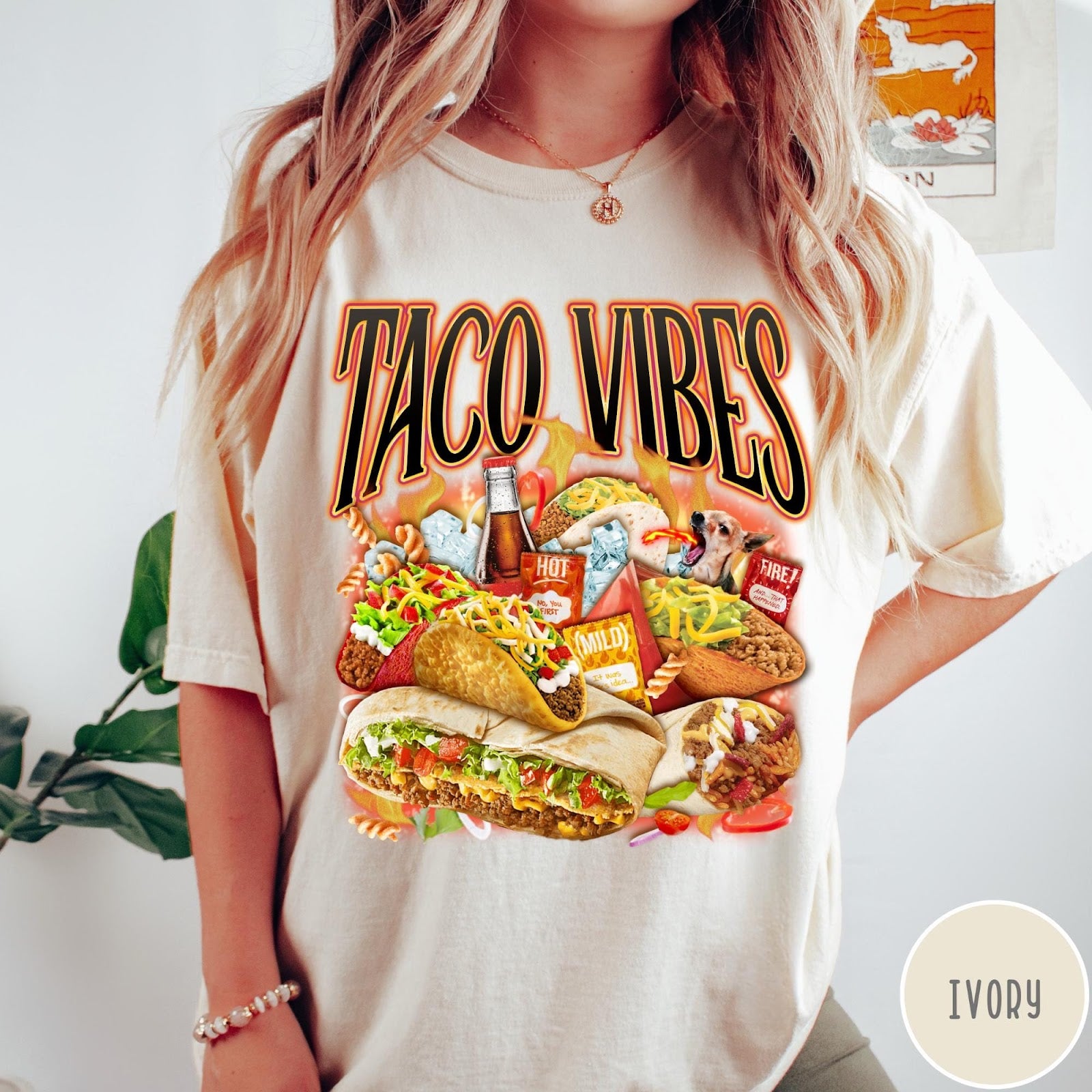 Comfort Colors tee in Ivory featuring retro style graphic with tacos, hot sauce, and a chihuahua dog
