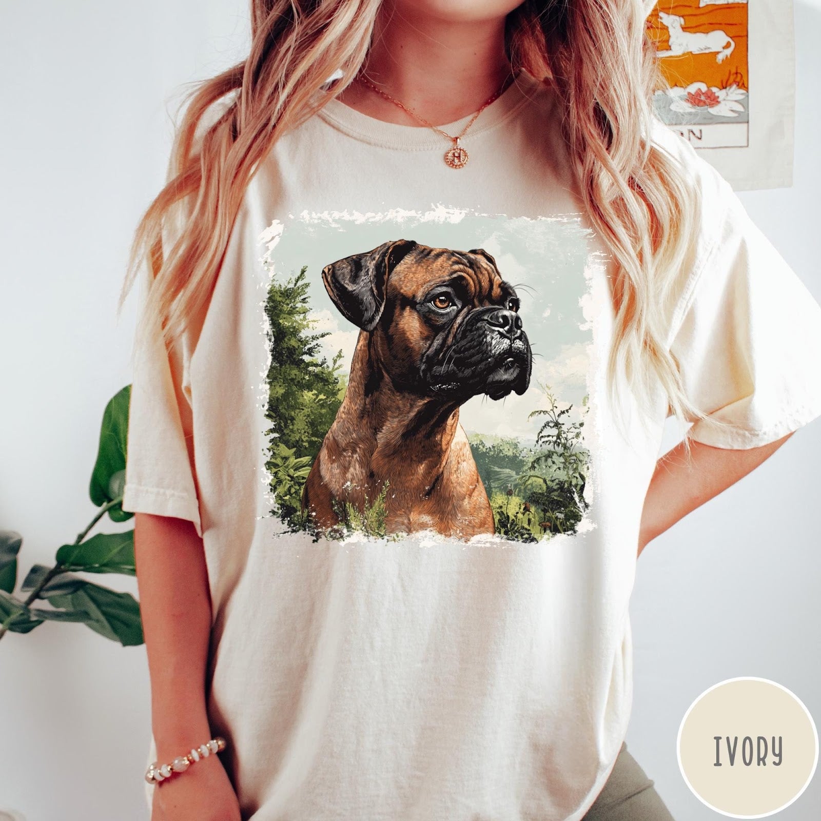 Comfort Colors tee in Ivory featuring vintage style graphic of a Boxer dog in a forest setting