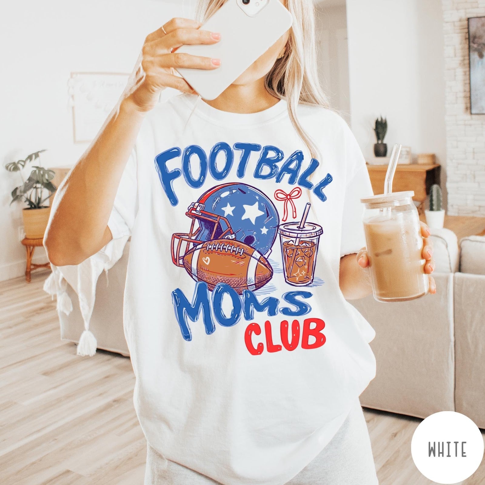 Comfort Colors tee in White featuring football mom lifestyle graphic with helmet, football, and iced coffee