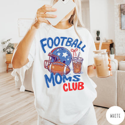 Comfort Colors tee in White featuring football mom lifestyle graphic with helmet, football, and iced coffee