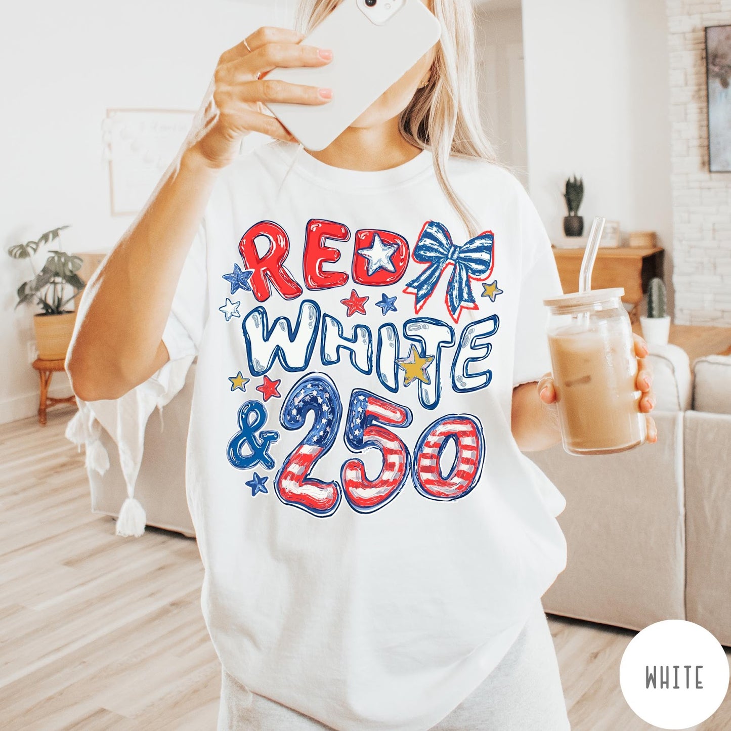 Comfort Colors tee in White featuring patriotic 250th anniversary graphic with red white and blue stars and bow