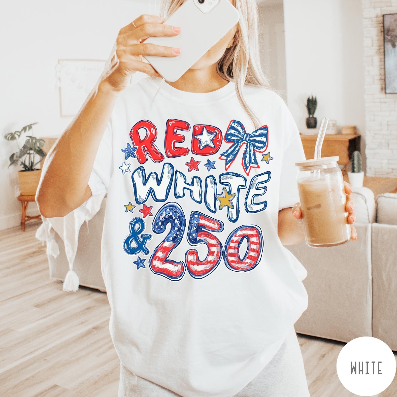 Comfort Colors tee in White featuring patriotic 250th anniversary graphic with red white and blue stars and bow