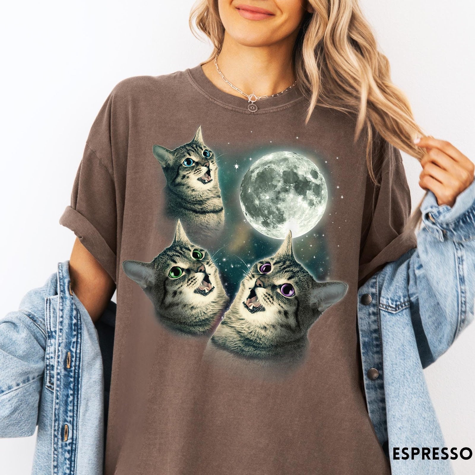 Comfort Colors tee in Espresso featuring retro design with three cats looking up at the moon
