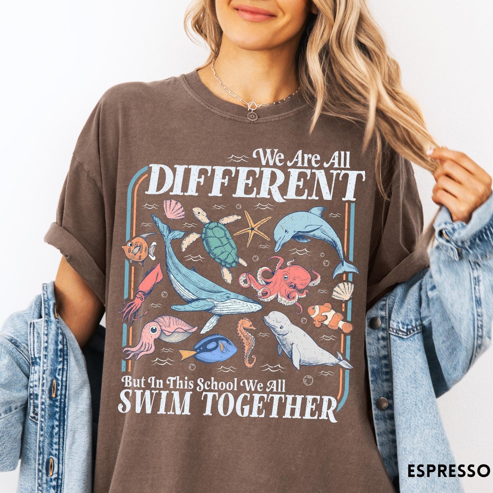 Comfort Colors tee in Espresso featuring vintage style graphic with ocean animals including a whale and octopus