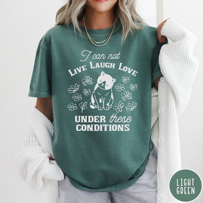 Comfort Colors tee in Light Green featuring whimsical graphic style with a cat and flowers and text.