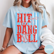 Comfort Colors tee in Chambray featuring baseball design with red text and a blue striped background graphic