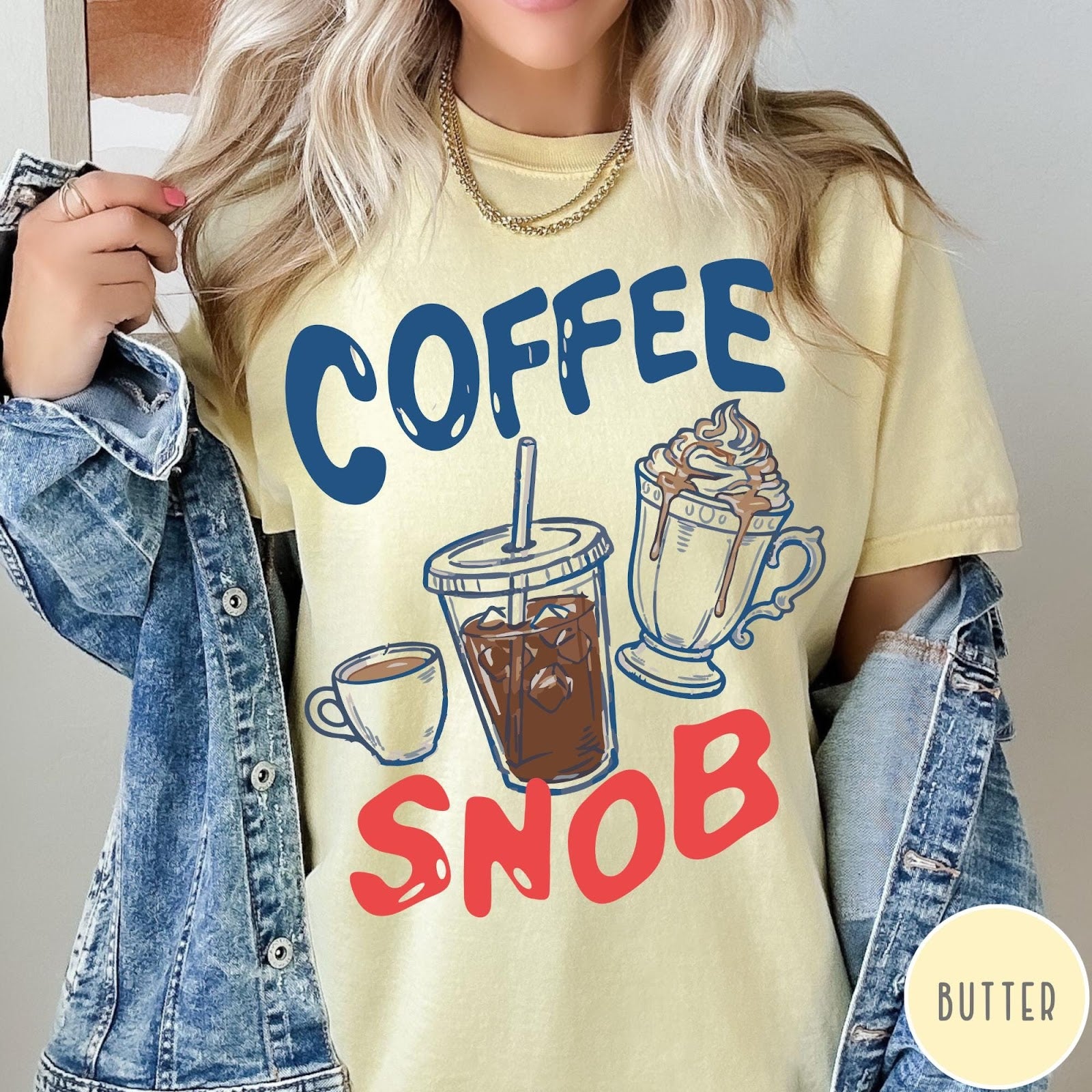 Comfort Colors tee in Butter featuring illustrated coffee graphic with iced coffee, hot coffee, and whipped cream.