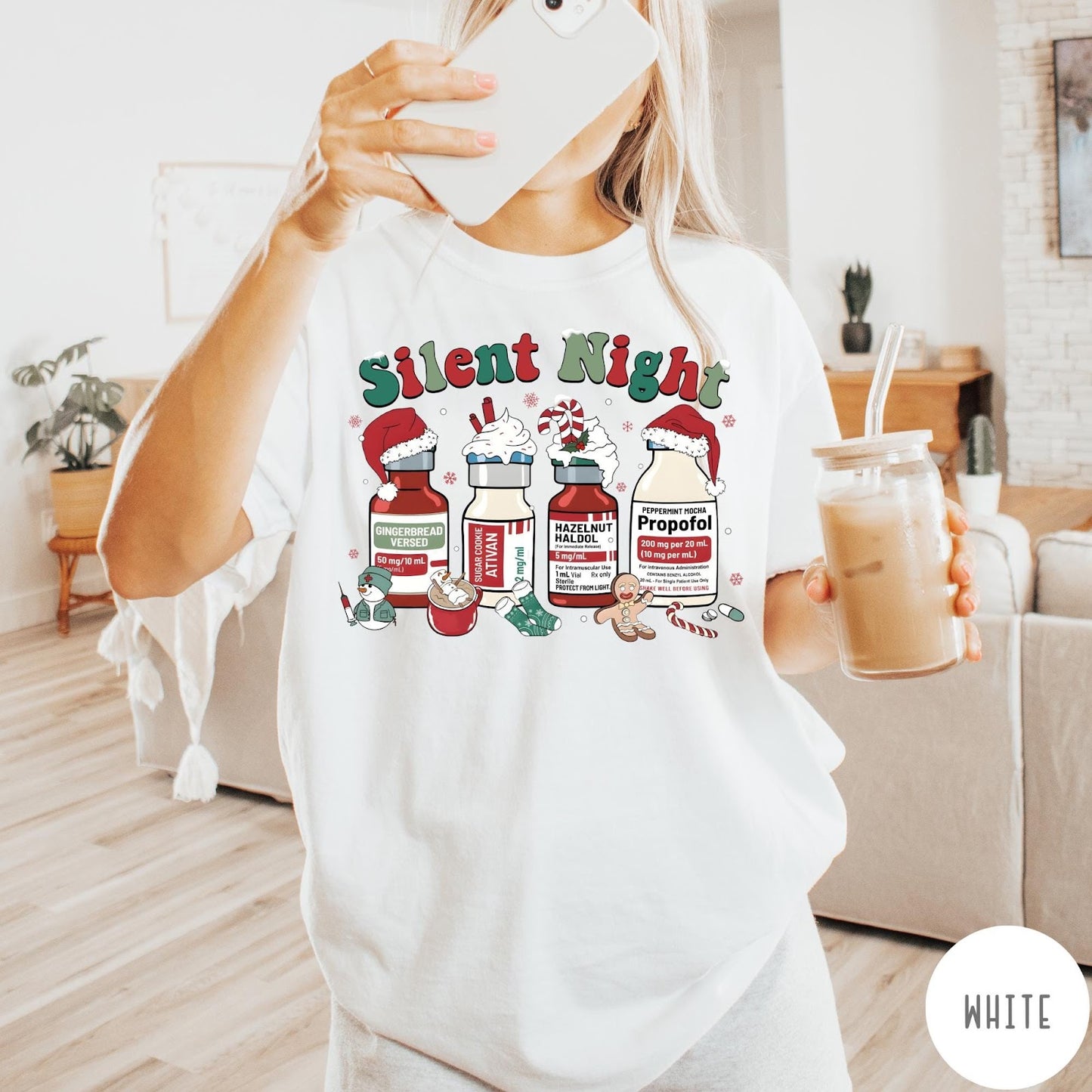 Comfort Colors tee in White featuring holiday medical design with vials decorated as festive holiday treats