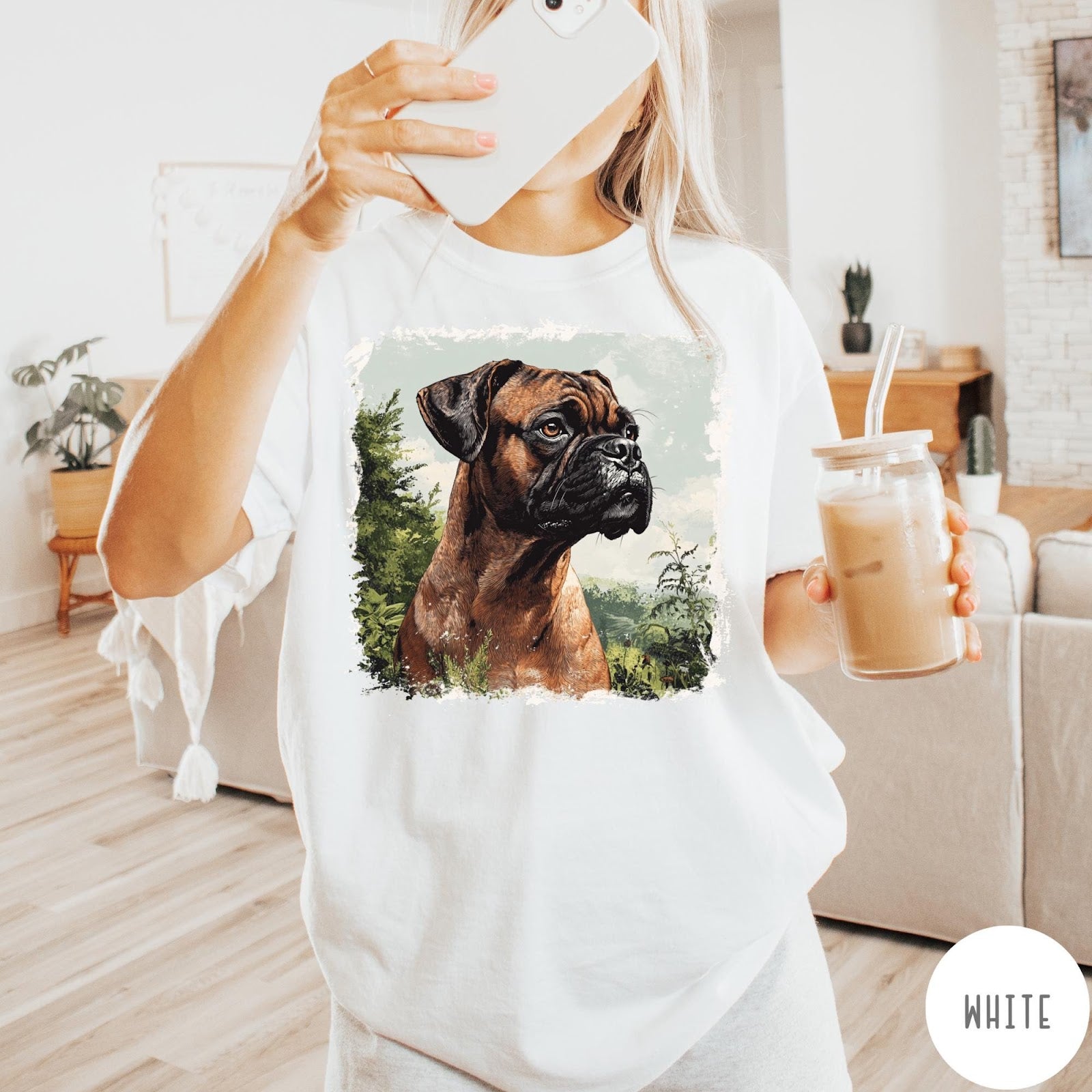 Comfort Colors tee in White featuring vintage style graphic of a Boxer dog in a forest setting