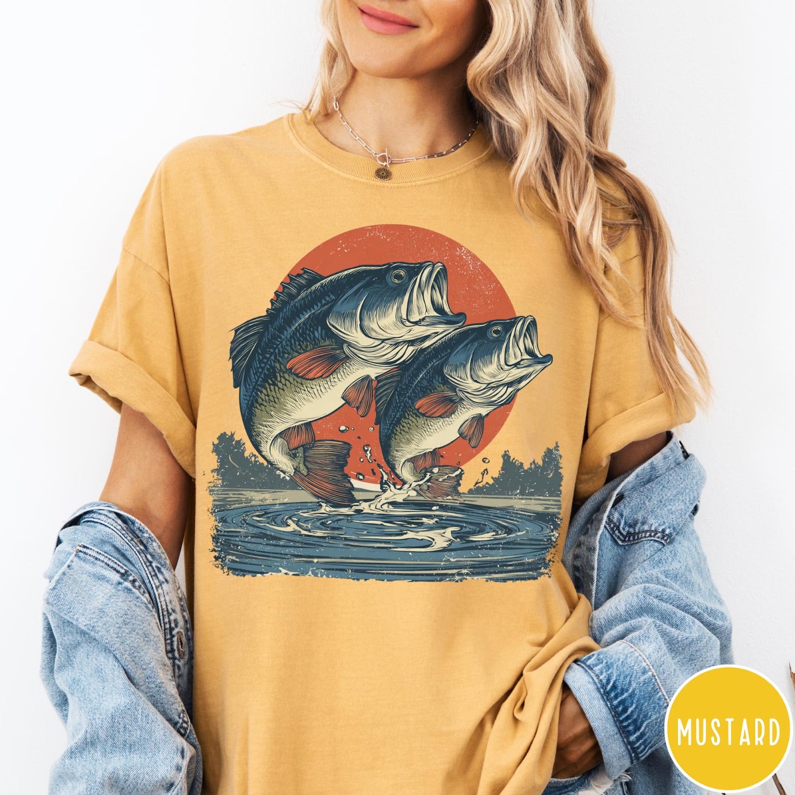 Comfort Colors tee in Mustard featuring vintage style graphic of two bass fish jumping from water