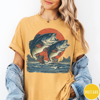 Comfort Colors tee in Mustard featuring vintage style graphic of two bass fish jumping from water
