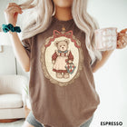 Comfort Colors tee in Espresso featuring vintage style teddy bear graphic inside a decorative lace oval frame