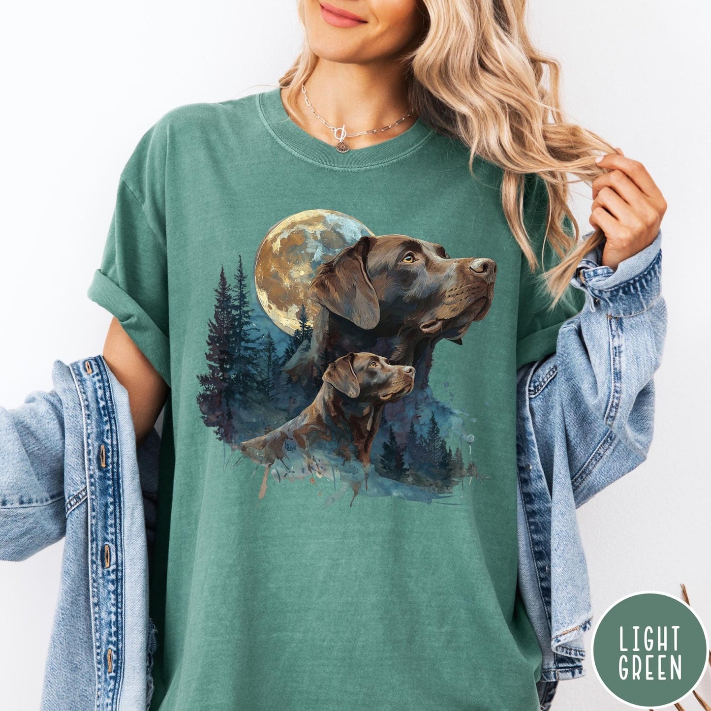 Comfort Colors tee in Light Green featuring vintage style graphic of two Chocolate Labradors under a full moon