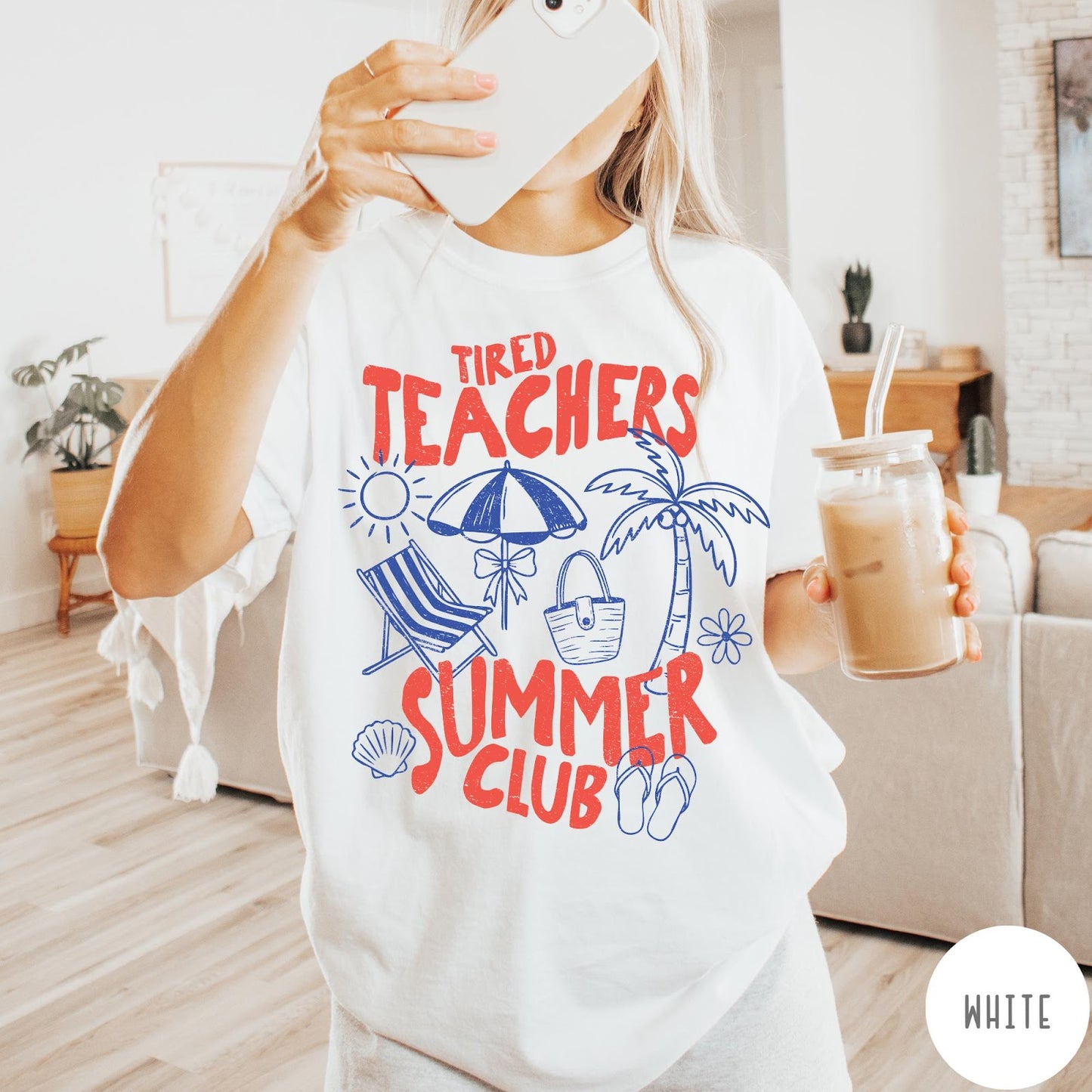 Comfort Colors tee in White featuring summer vacation design with beach umbrella, palm tree, and sun graphics