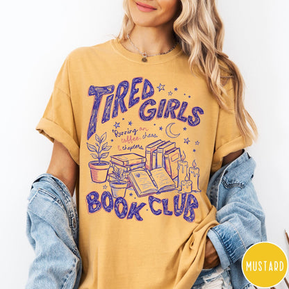 Comfort Colors tee in Mustard featuring book club design with stacks of books, plants, and candles.