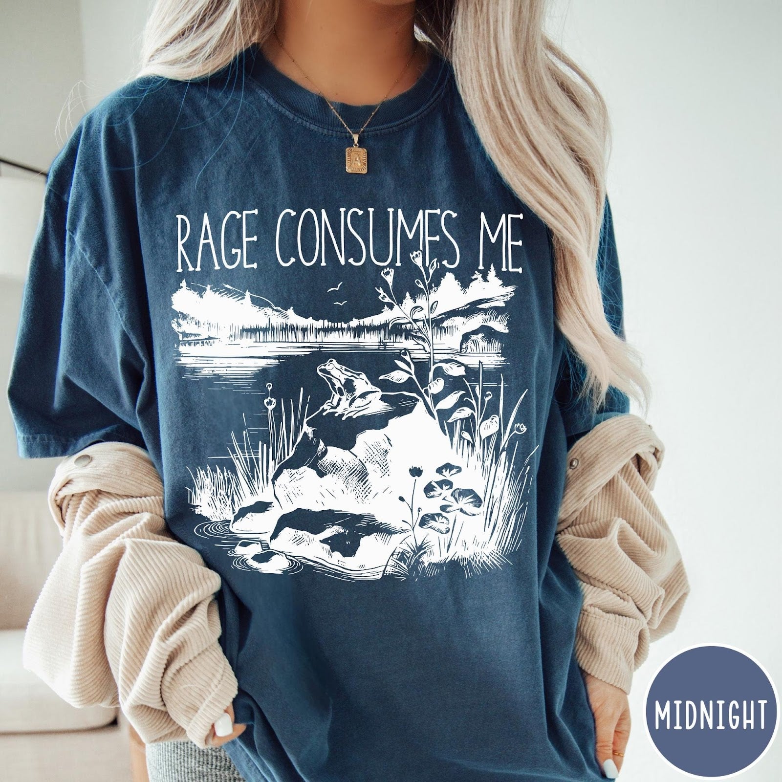 Comfort Colors tee in Midnight featuring screen printed nature graphic with a frog sitting on a rock