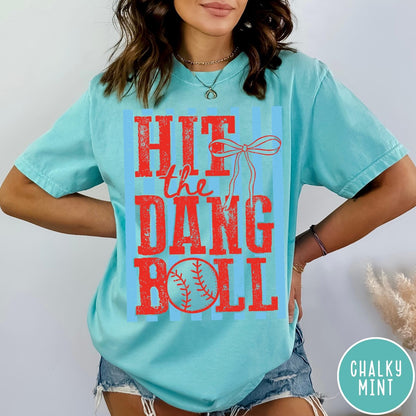 Comfort Colors tee in Chalky Mint featuring baseball design with red text and a blue striped background graphic