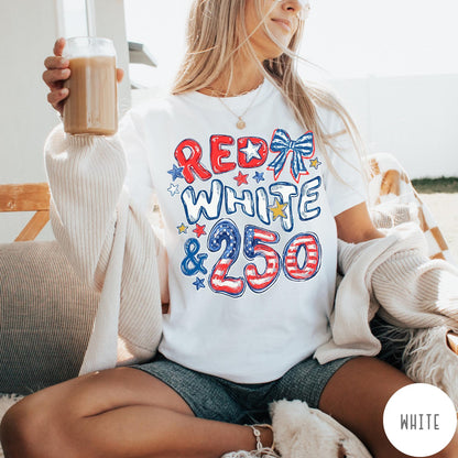 Comfort Colors tee in White featuring patriotic 250th anniversary graphic with red white and blue stars