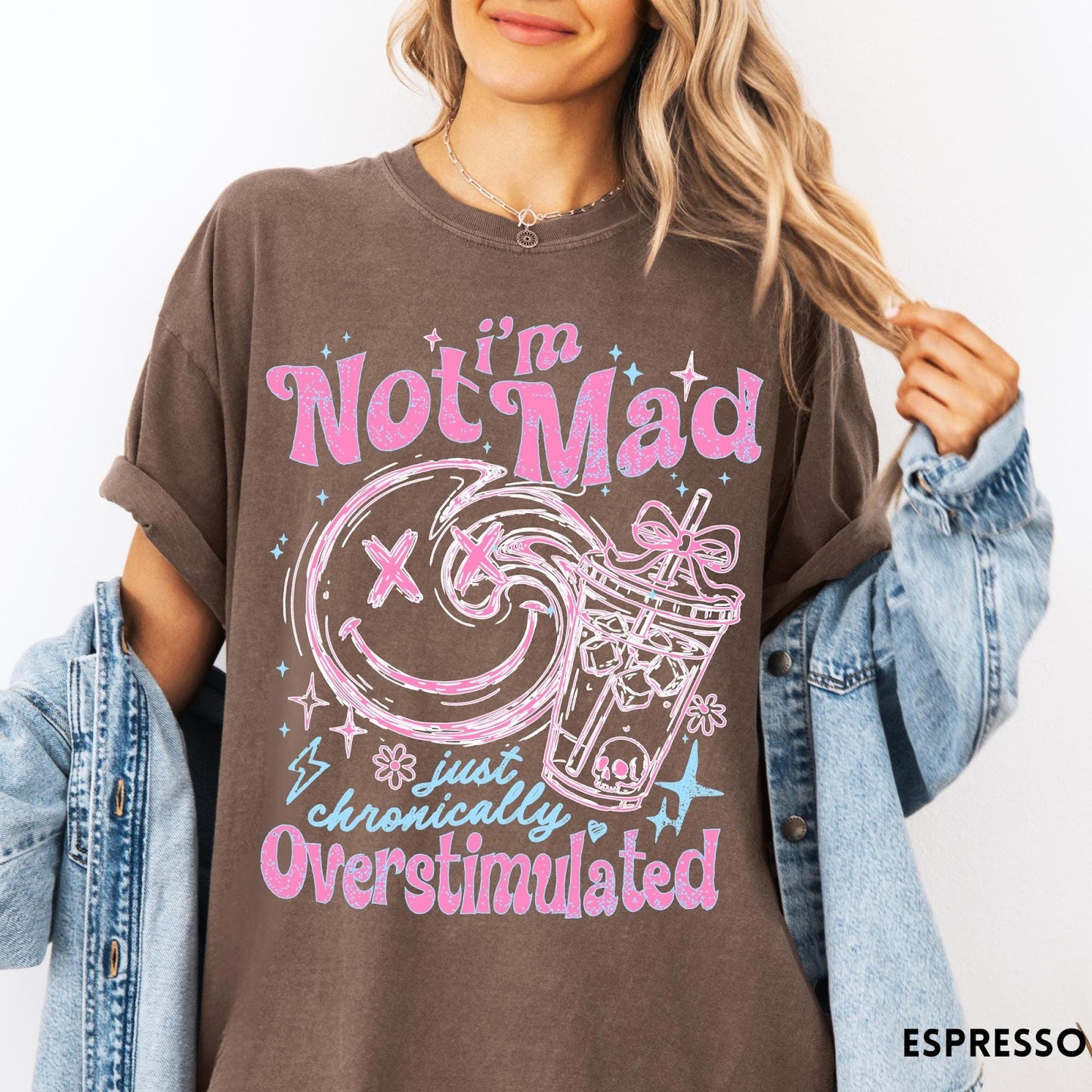 Comfort Colors tee in Espresso featuring retro style graphic with smiley face and iced coffee cup design