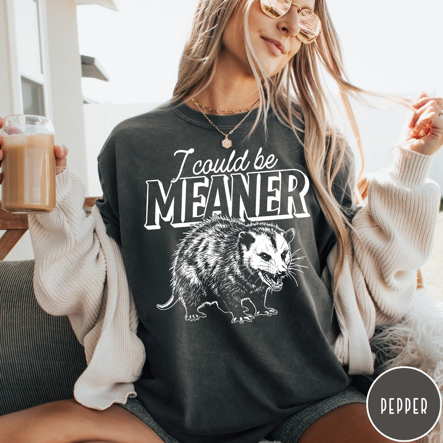 Comfort Colors tee in Pepper featuring a graphic design of a hissing opossum with text I could be meaner