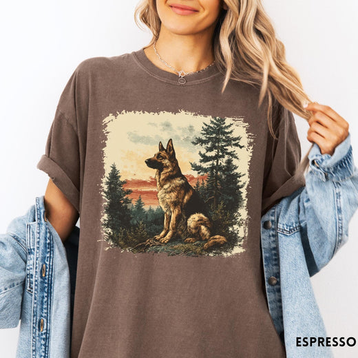Comfort Colors tee in Espresso featuring vintage style graphic of a German Shepherd sitting in a forest