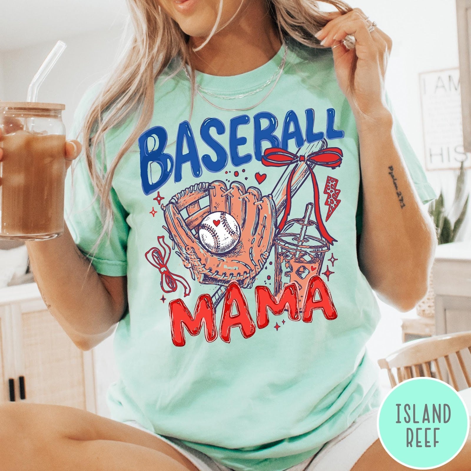 Comfort Colors tee in Island Reef featuring baseball graphic with glove, iced coffee, and red bows